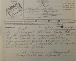 Staatstelegram waarmee het MLV op de hoogte werd gebracht van het overlijden van Sgt Mil Recloux.