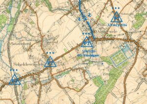 Ligging van de drie voorposten van de 4Div ter hoogte van Oosterzele en Scheldewindeke.