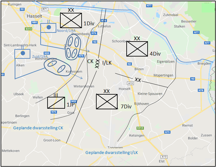 Door het I/LK en het CK geplande dwarsstellingen om het hoofd te bieden aan de dreiging op de flanken.