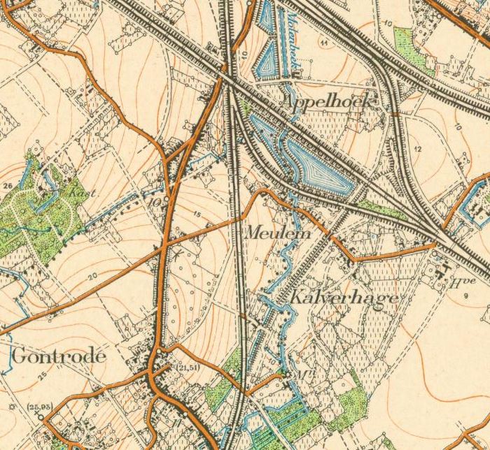 Het gebied tussen Gontrode en Kwatrecht is na WO2 grondig veranderd door de aanleg van de E40. Het spoorwegtalud waar de 7Cie halt hield, loopt van noord naar zuid op het gehucht Meulem.