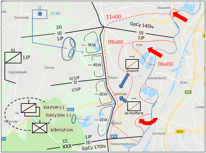 In de zone van het CK starten de vijandelijkheden om 05u00 in het bataljonsvak van de GpCy 14Div en de ondersector van 1JP