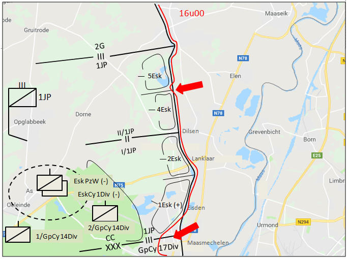 Tijdens de namiddag van 10 mei slaagt de vijand erin te Vucht, op de limiet tussen 1JP en Gp Cy 17Div, een bruggenhoofd te slaan.