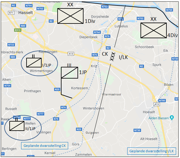 Verzamelzone van 1JP na te zijn binnengelopen achter het Albertkanaal tijdens de nacht van 10 op 11 mei