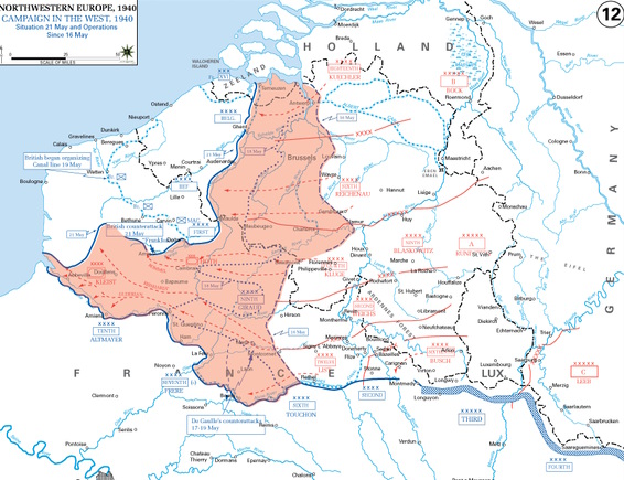 Duitse opmars tussen 16 en 20 mei. In de nacht van 20 op 21 mei wordt de Franse kust bereikt.