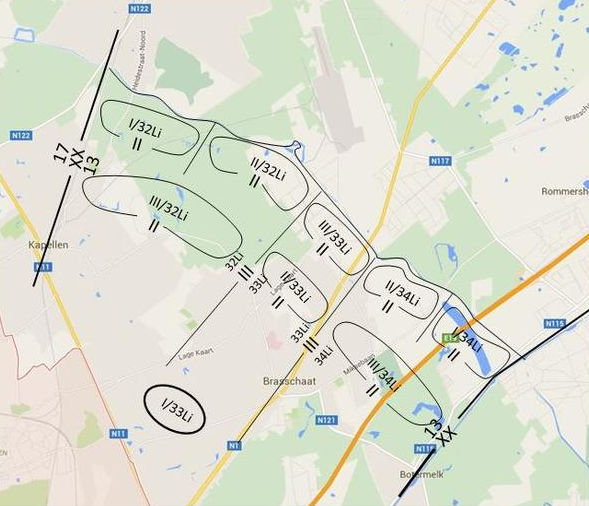 Opstelling van het 33Li langs de anti-tankgracht op 10 mei 1940 (projectie op recente kaart).