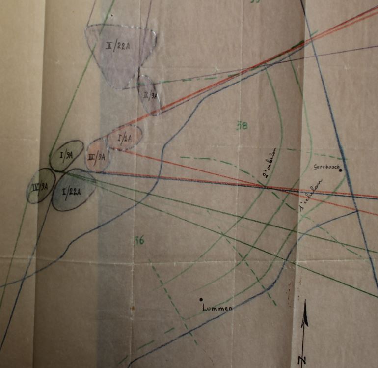 Schets van de beschikbare artilleriesteun op de dwarsstelling van Lummen op 11 mei 1940.