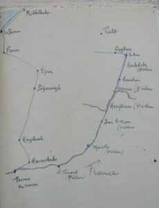 Reisweg afgelegd door het Ledermagazijn/2SE (originele schets opgesteld door Lt Res Dohogne)