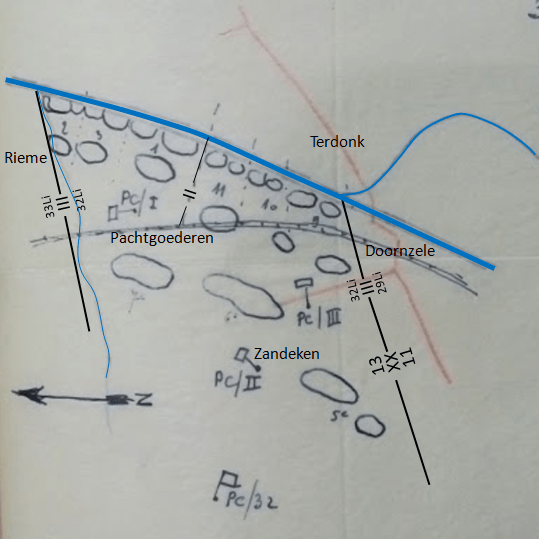 Opstelling van 32Li op 21 mei tussen Terdonk in het zuiden en Rieme in het noorden. I/32Li en III/32Li staan opgesteld in eerste lijn, II/32Li staat opgesteld in 2de Echelon. (Bron velddagboek 13Div, schets ontvangen van 32Li op 26 mei 1940).