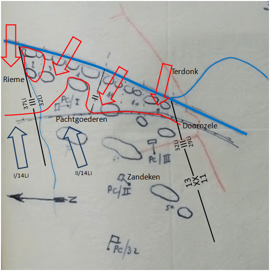 Toestand 32Li op 23 mei om 20u00 (Projectie op originele schets van mei 1940)
