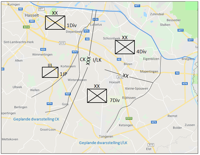Door het I/LK en CK geplande dwarsstellingen om de oostflank van de divisie in lijn achter het Albertkanaal te beveiligen