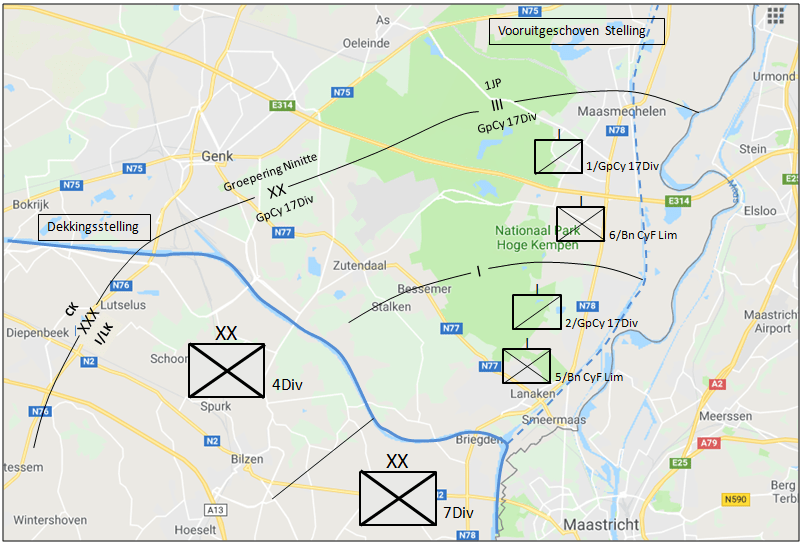 Opstelling van de 5de en de 6de Cie in steun van de Gp Cy 17Div ten zuiden van Maasmechelen (projectie op recente kaart).