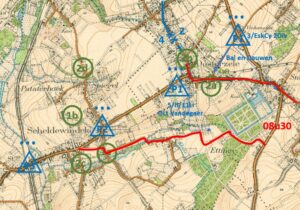 Duitse verkenningen uitgevoerd om 08u30 in het voorgebied van de 2Div en de 4Div (projectie op vooroorlogse kaart)