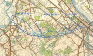 Dwarsstelling ingenomen door de Groepering De Loucker op 21 en 22 mei (projectie op vooroorlogse kaart)