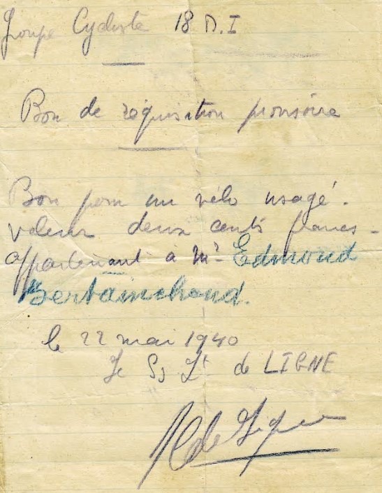 Opeisingsbon voor een fiets getekend op 22 mai 1940 door Onderluitenant prins de Ligne,