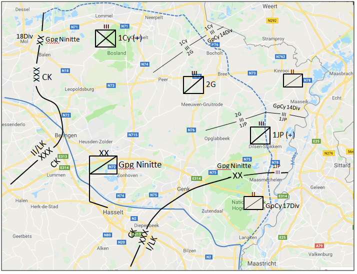 Opstelling eenheden langs de Alarmstelling en Vooruitgeschoven Stelling op 10 mei 1940.