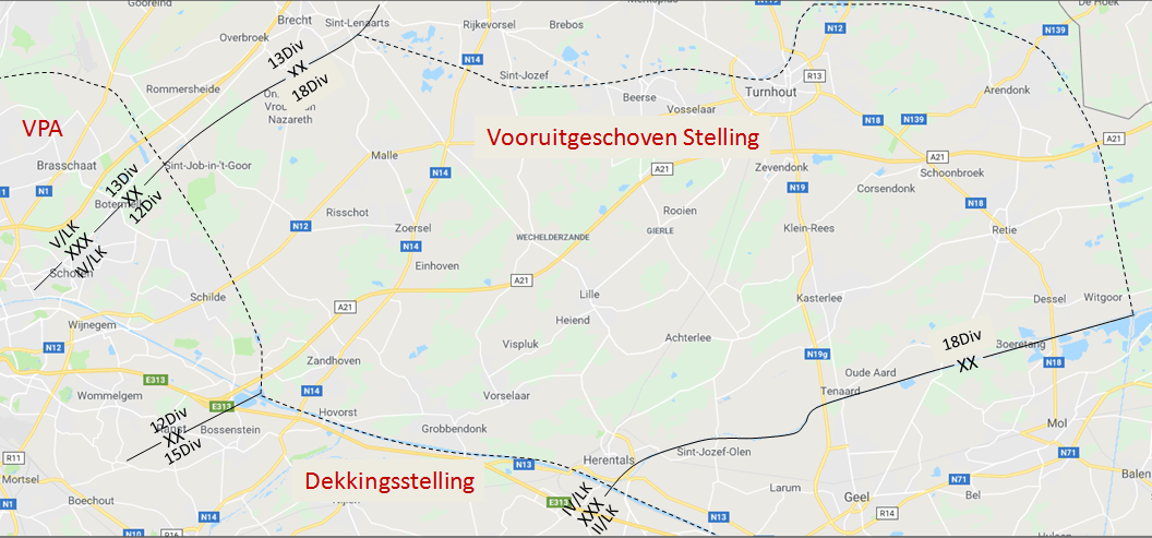 Zone van het IVde Legerkorps aan de vooravond van de oorlog (projectie op recente kaart)