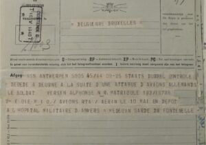 Staatstelegram waarmee dokter Van De Fontanelle van het MH Antwerpen het overlijden van Sdt Versin meldt aan het MLV