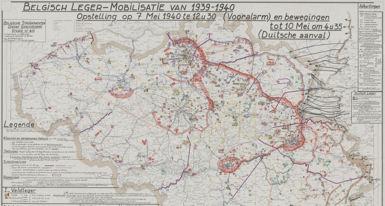 Kaart van 1956 uit het Rijksarchief met de opstelling van het Belgisch leger aan de vooravond van de oorlog.
